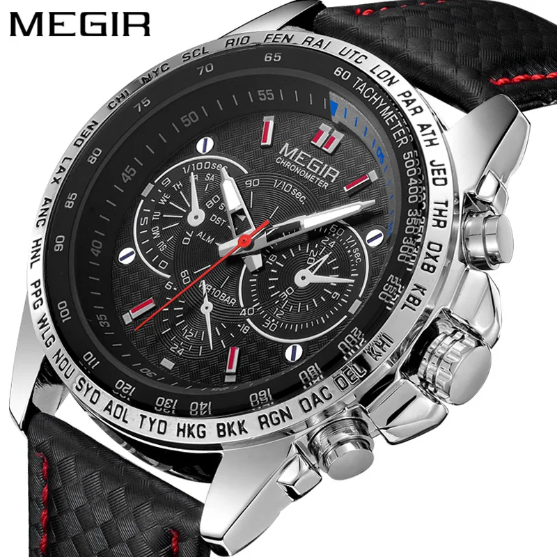 

Original Top Brand MEGIR 1010 G Multi-Function Sports High Quality Leather Belt Fake Three Eyes Luminous Men'S Wrist Watch
