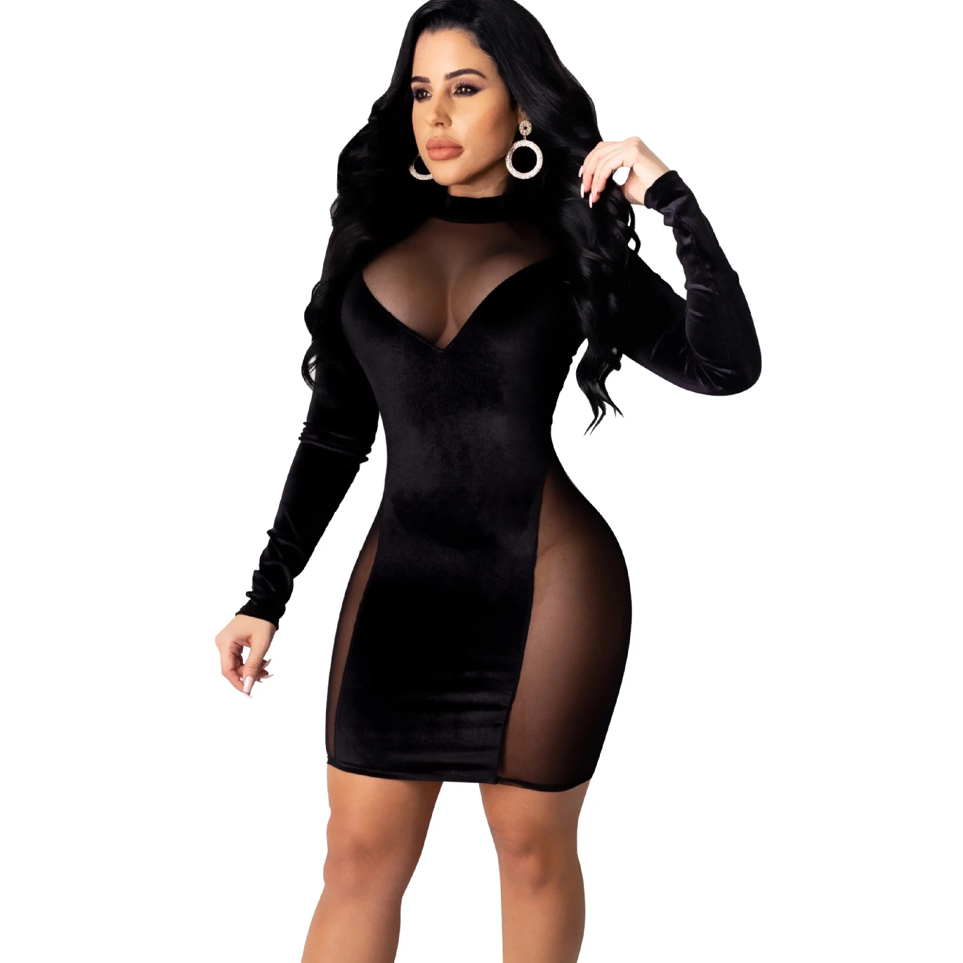 

Women clothing sexy dress evening velvet high neck flared long sleeve dress sexy see through ladies nightclub dress