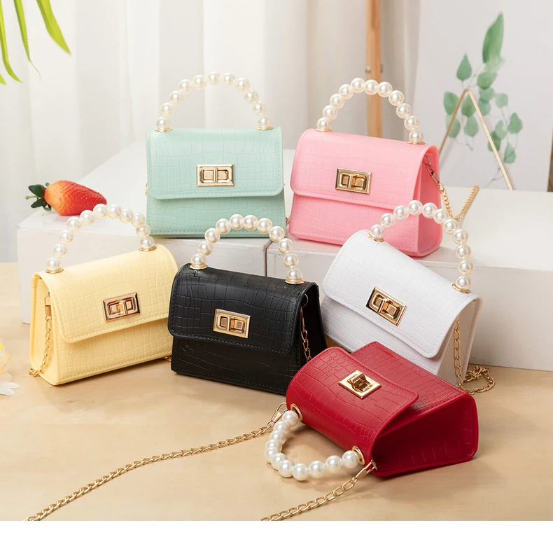 

pvc jelly tote bag candy fashion mini girl bag pearl chain designer crossbody men shoulder flap bag, Black