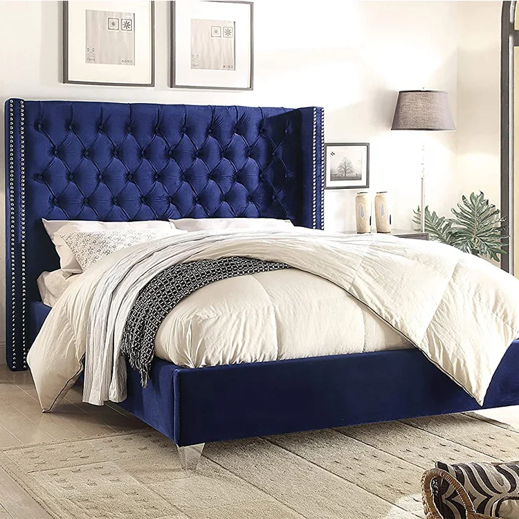 Navy Blue Hotel Bed Room Furniture Solid Wood King Size Chesterfield ...