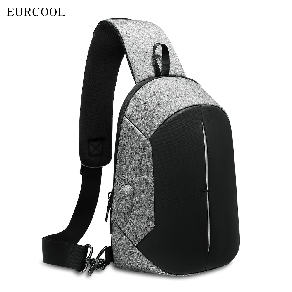 

2021 Eurcool Wholesale Newest Polyester USB Backpack Single Shoulder Bag Waterproof Men Chest Sling Bag, Gray + black