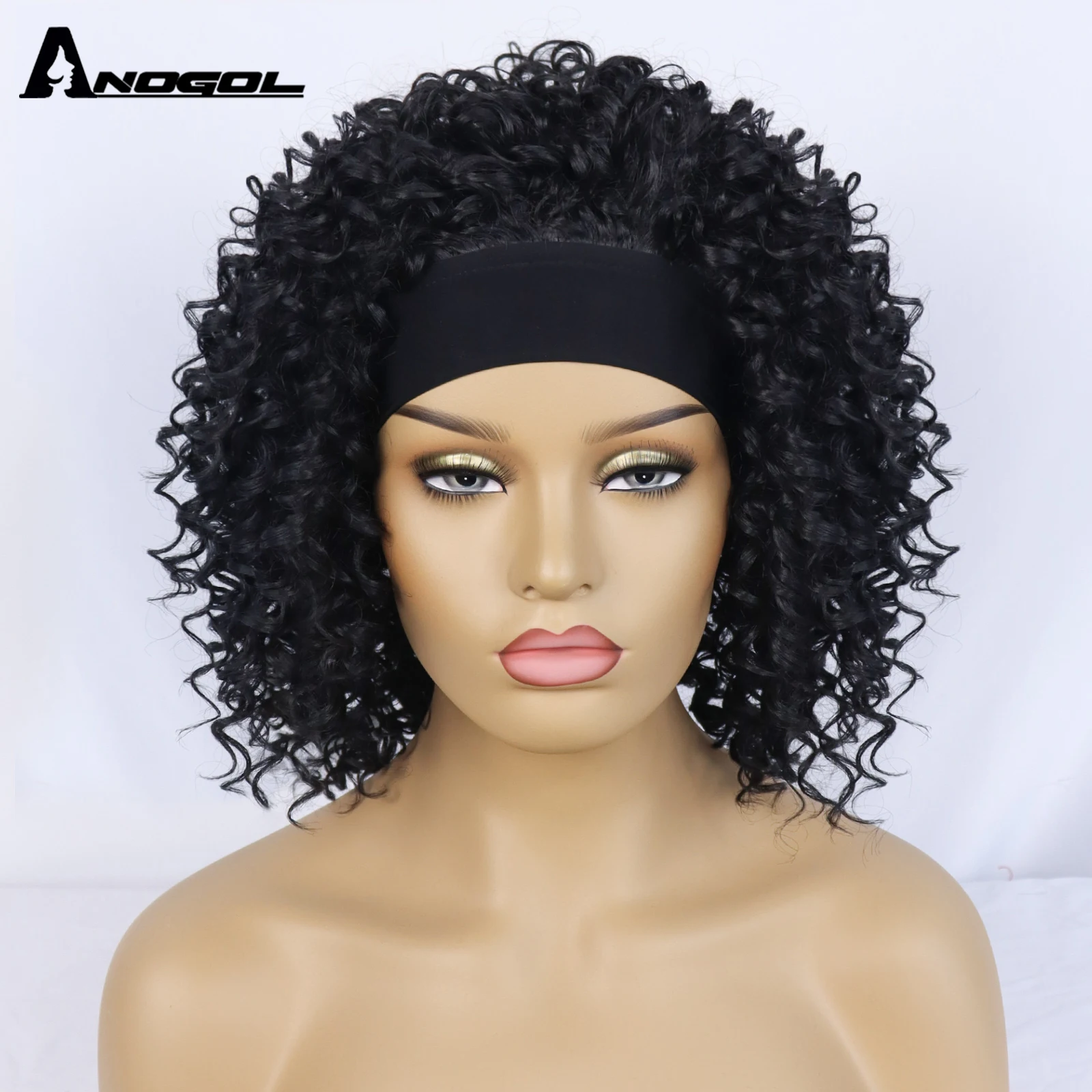 

Anogol Short Bob Curly Headband Wigs for Black Women Kinky Curly Head Band Wig Synthetic Deep Wave Wigs with Head Wraps Peruca