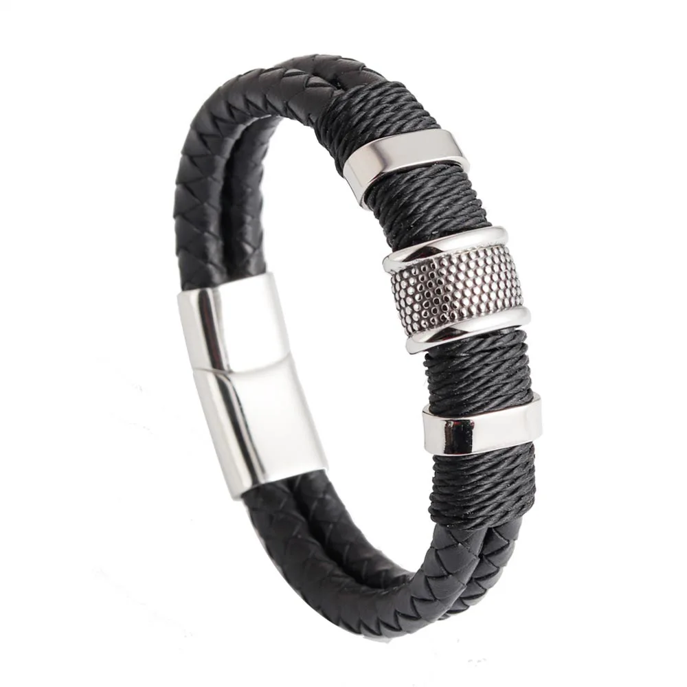 

Stainless Steel Braided Leather Bracelet for Men Cuff Bracelet Magnetic Clasp, As picture