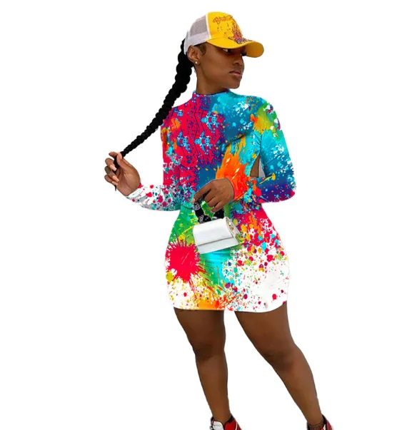 

B53396A New design women fashion backless long sleeve printed club dress, Shown