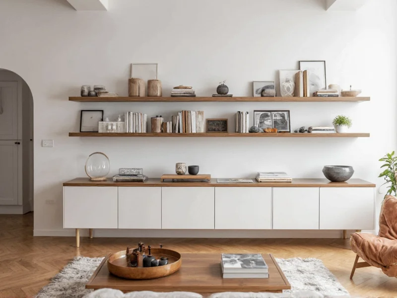 Floating wood shelves in modern living room