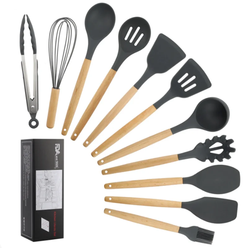 

Hot sell 11 Pieces Set Cooking Tools Silicone Wooden Kitchen Utensils