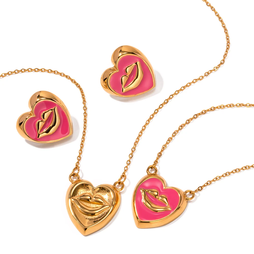 J&D Wholesale Jewelry Mouth Stud Earring Stainless Steel Cute Pink Enamel Lip Heart Pendant Necklaces