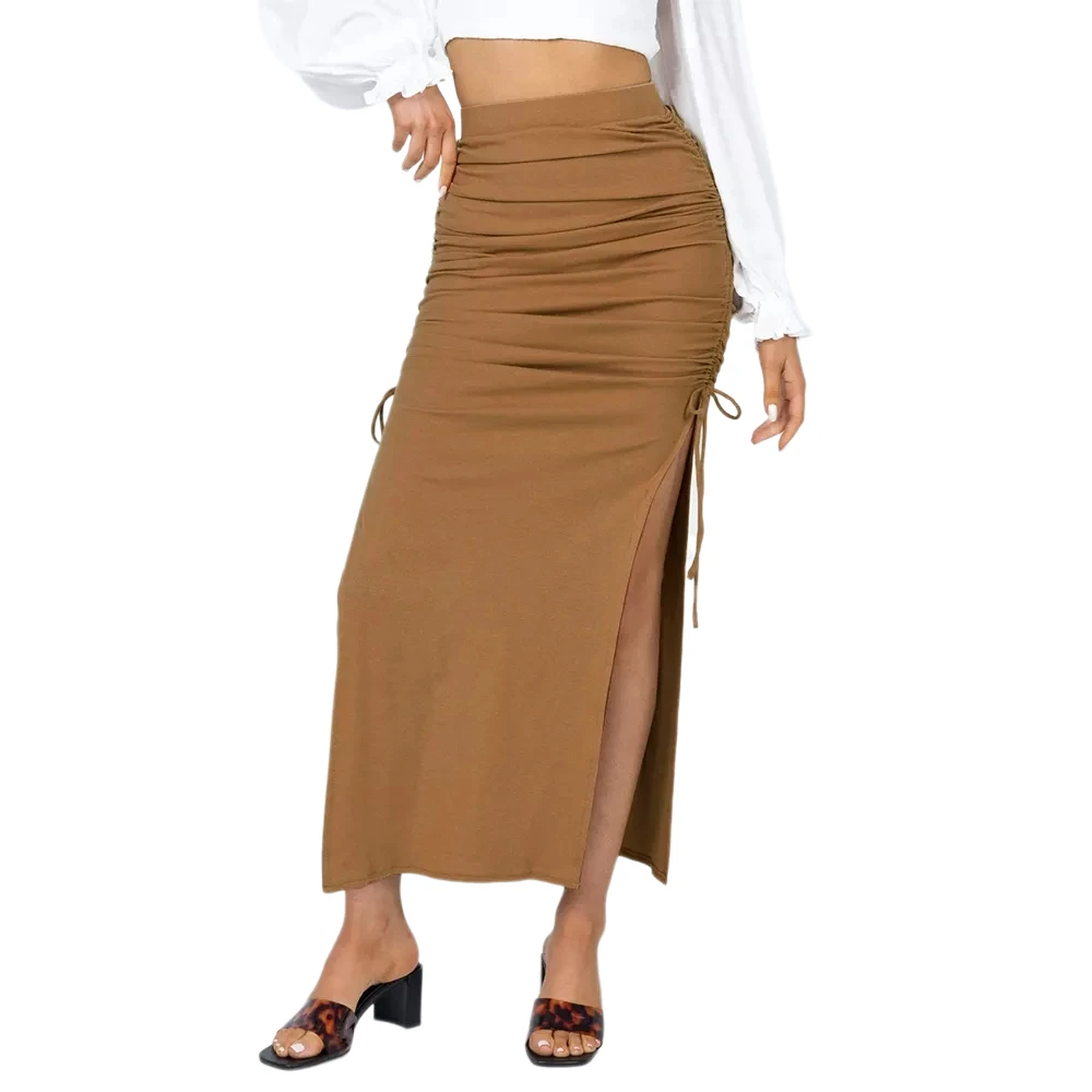 

Women's Slit Pleated Solid High Waist Long Bodycon Maxi Skirt, Black, pink, apricot, khaki, wine red, light blue