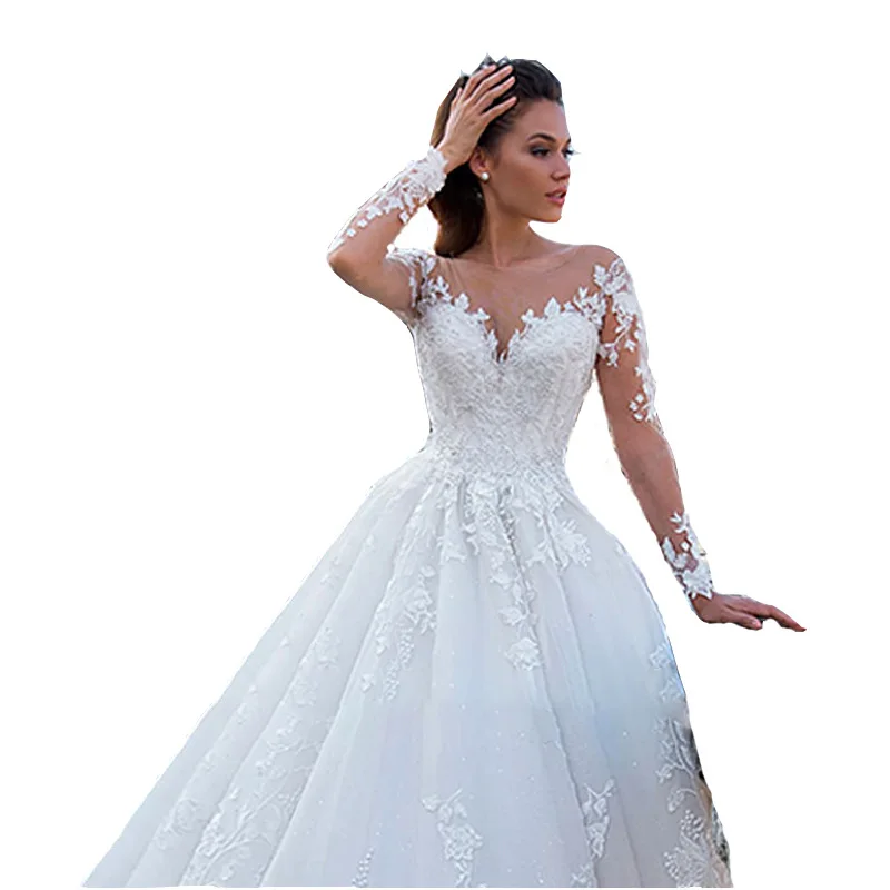 

New Arrivals Women's Sexy V Neck Long Sleeve Appliqued Elegant Bride Wedding Dress
