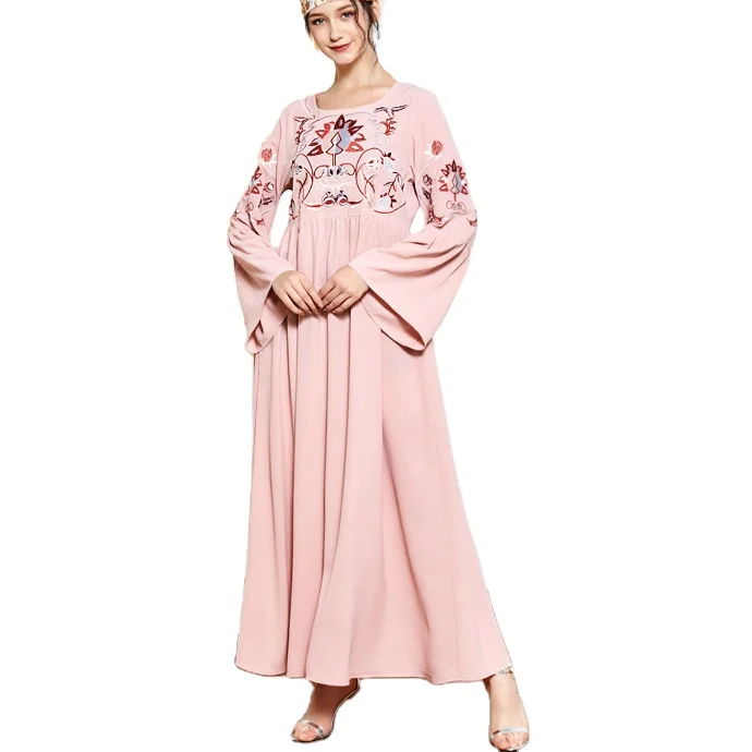 

Pink embroidery muslim dress long sleeve islamic wedding dress