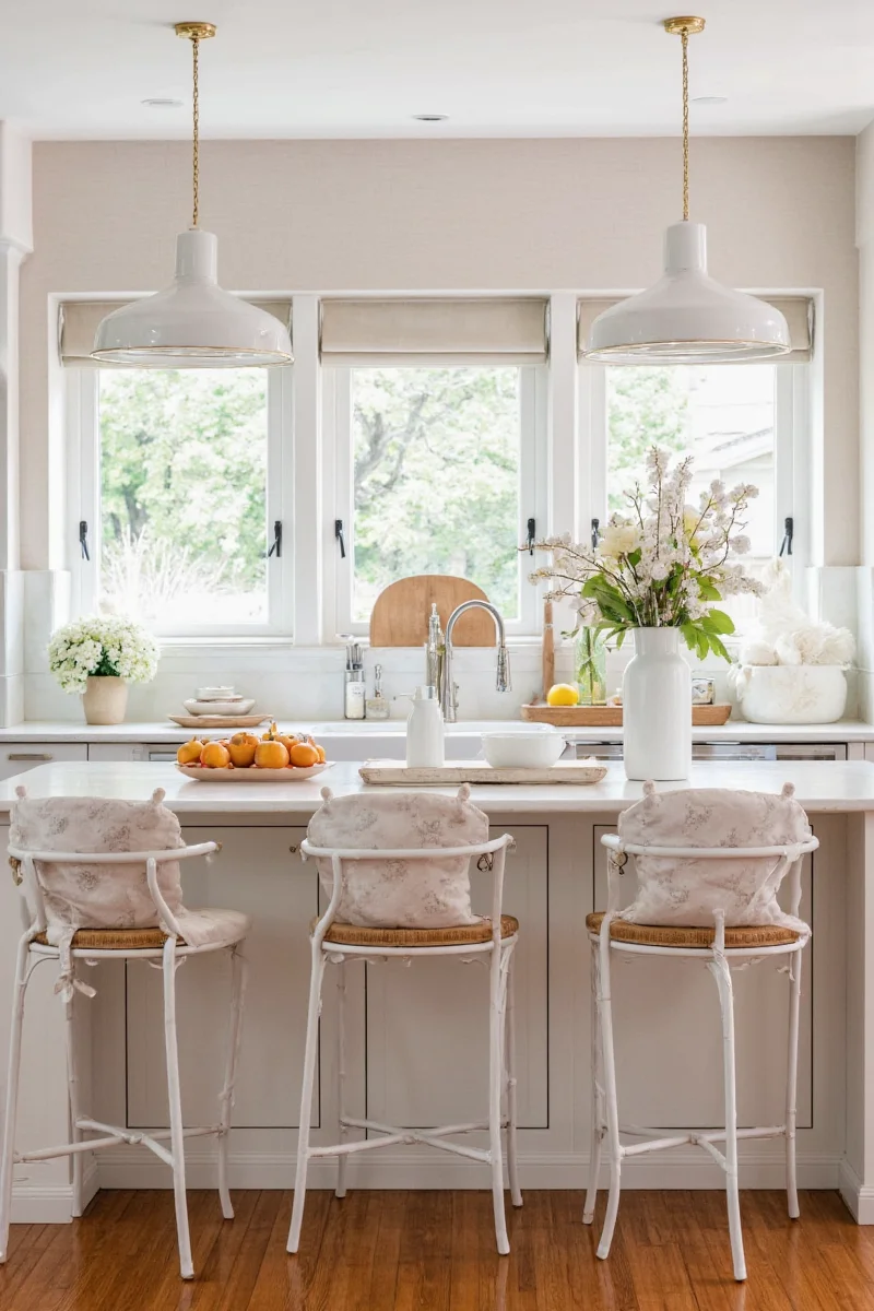 Breakfast table surrounded by vintage-style lighting