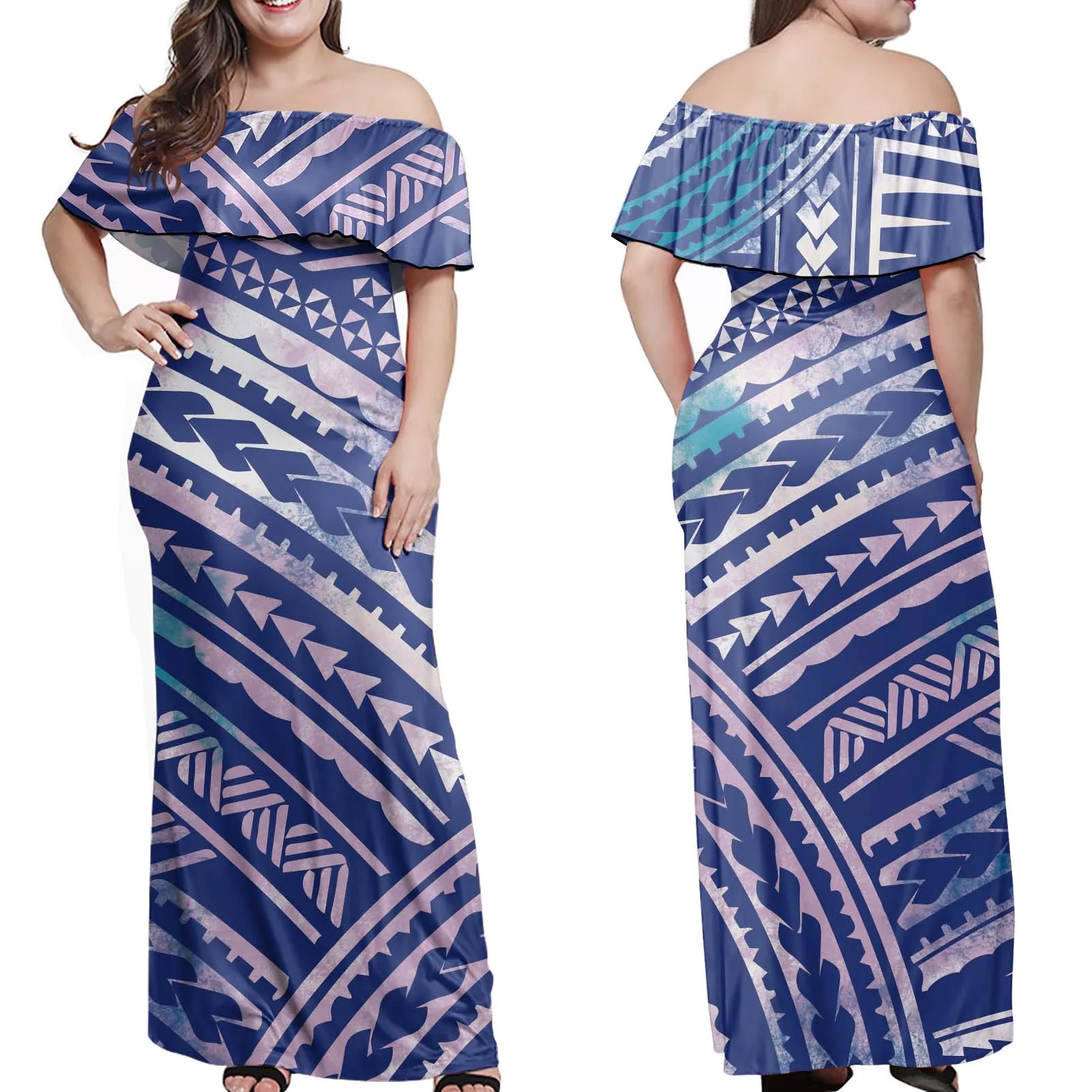 

Purple Casual Dresses Polynesian Tribal Off Shoulder Sexy Women Elegant Dress Custom Logo Print Dresses