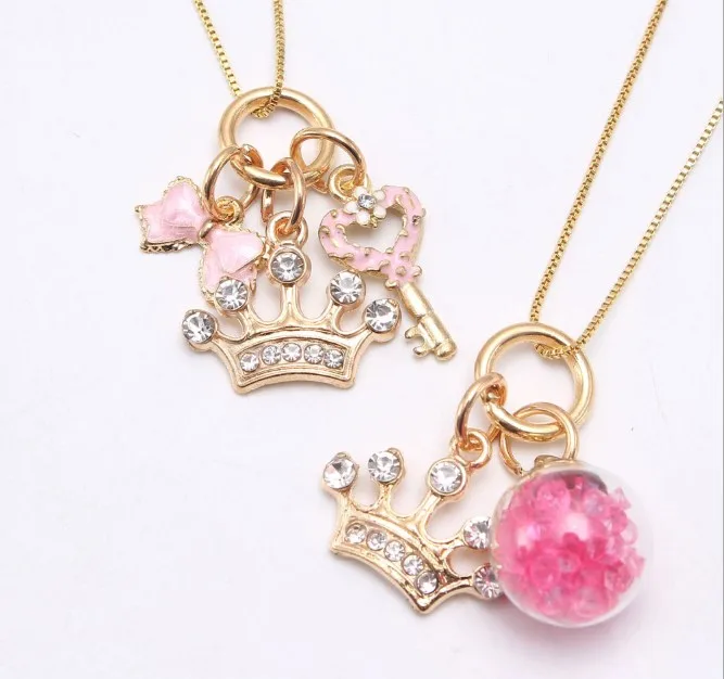 

Fashion Kids Girls Cute Crown Key Bow Charming Pendants Gold Box Chain Necklace Jewelry For Gift Party, Picture shows