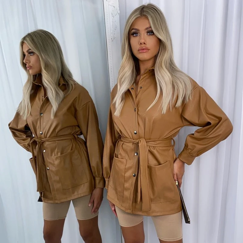 

Winter Faux PU leather Black Dress Women Belts Long Sleeve Single-breasted Fall Clothing For Women Brown Casual Dresses 2020, Black,brown,armygreen