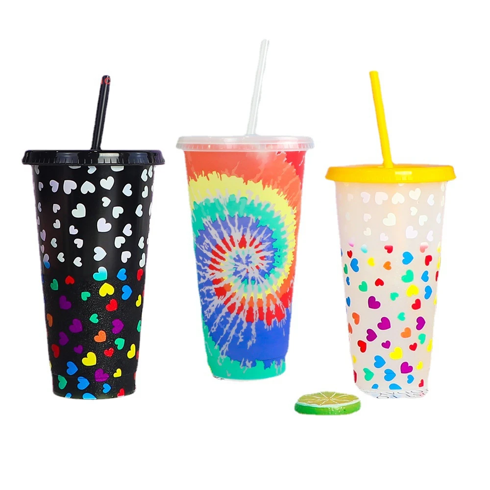 

M17 24oz Reusable Cold Color Changing Drinking Mug Tumbler PP Plastic Juice Coffee Cup With Lid And Straw