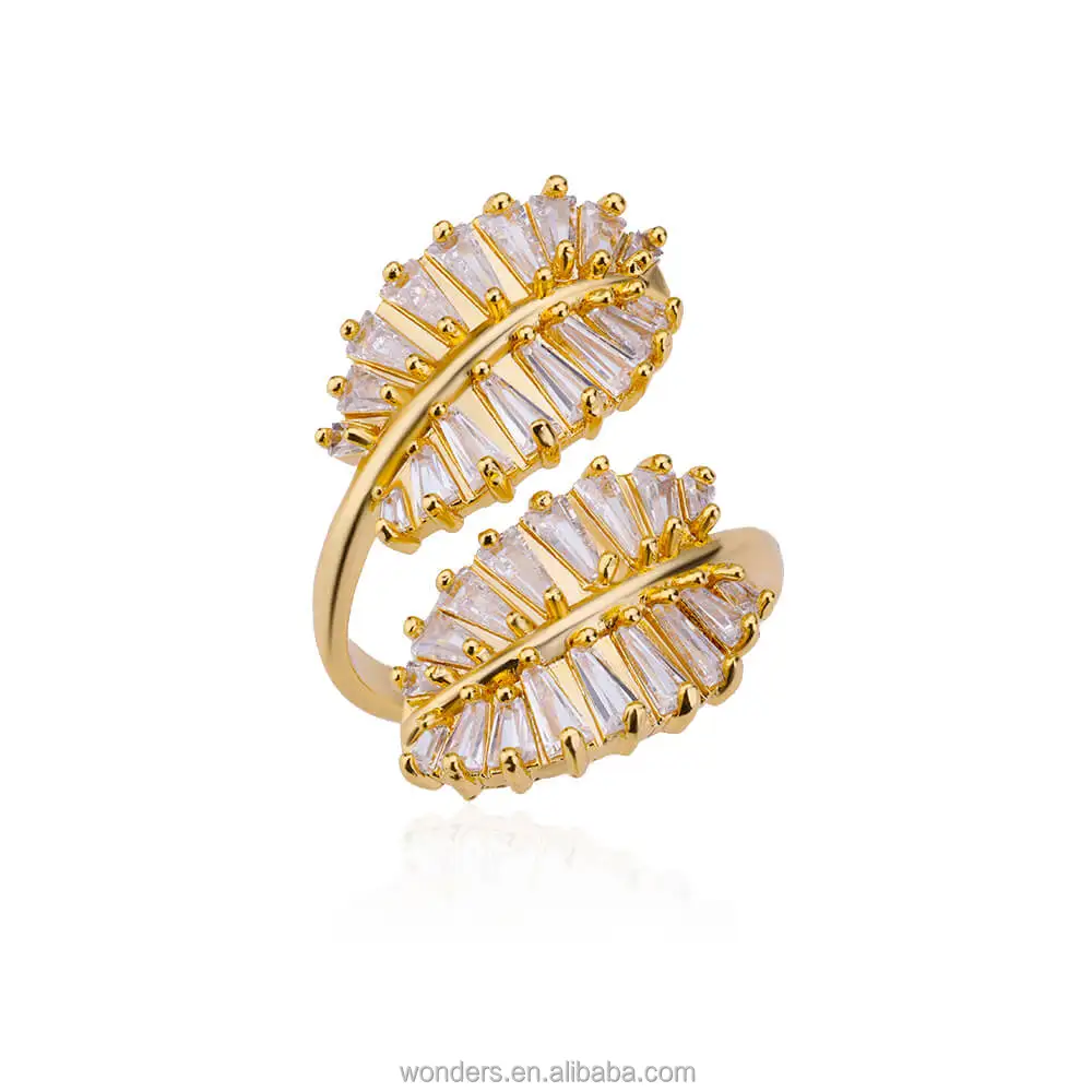 

Fashionable Baguette CZ Leaf Open Rings For Women in 18K Yellow Gold Plated Color Ring Mother's Day Gift From Daughter