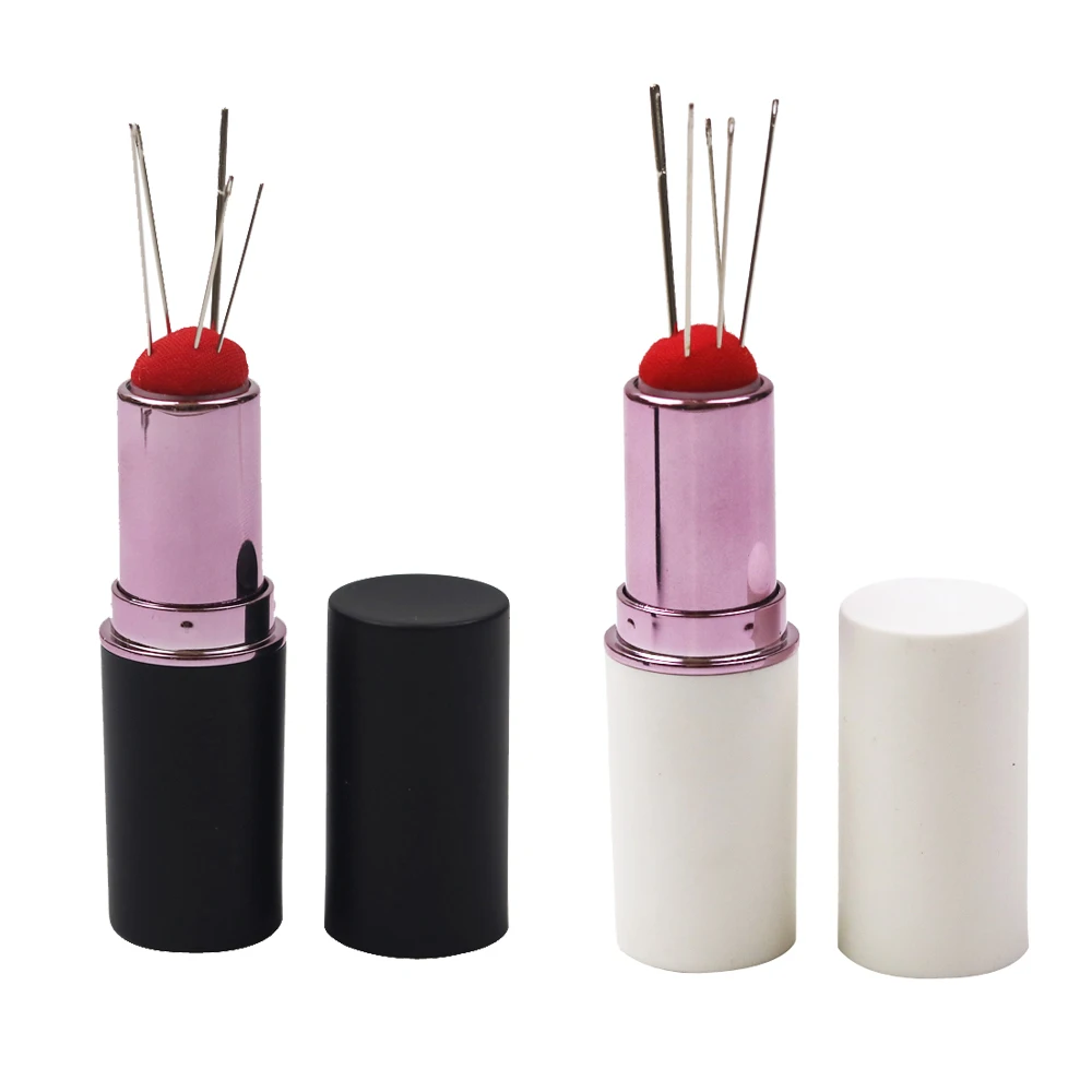 

New Lipstick Pincushion with 5 Sewing Needles Retractable Needle Pad Pins Organizer DIY Needle Pin Cushion Holder Sewing Tools, Black/white