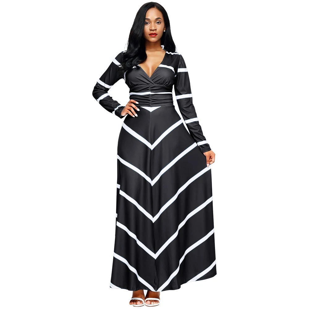 

striped pattern v neck long sleeve sexy maxi dress, Green, black, burgundy, blue