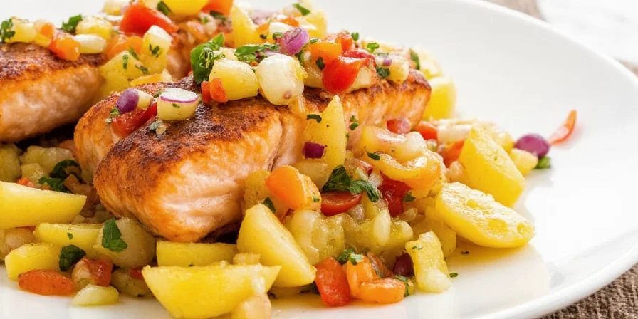 Fresh salmon with pineapple salsa on a plate