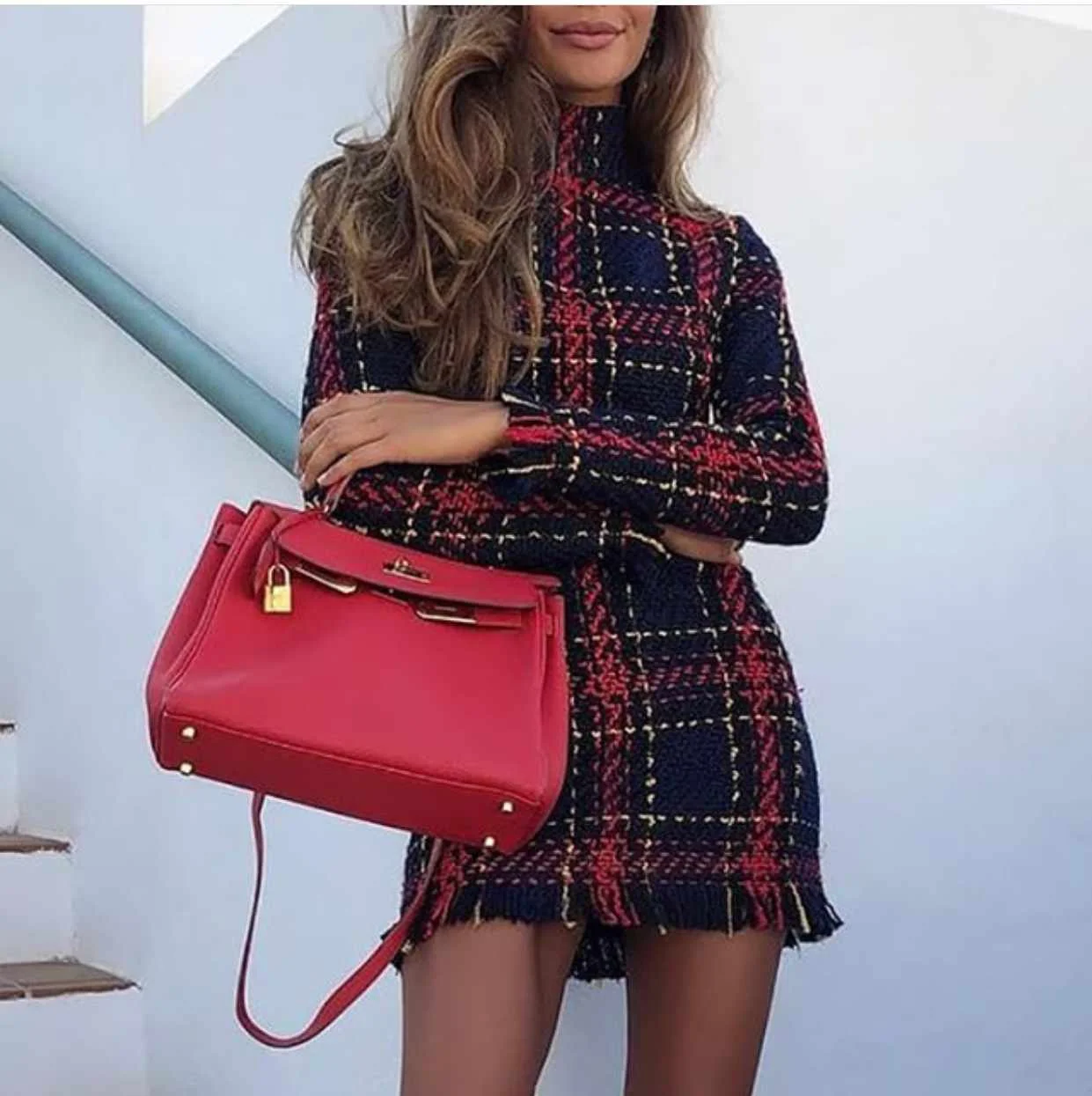 

High Neck Checked Long Sleeve Slim Women's Dress Trending Fashion Casual Package Hip Hot Selling Dress For Young Ladies, Shown