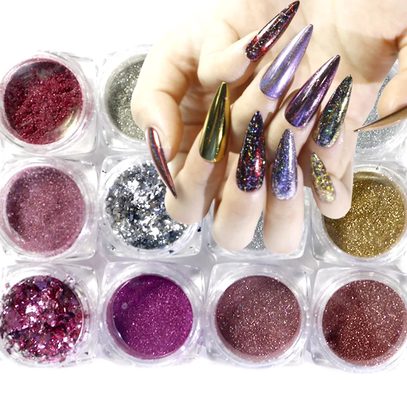 

6-color Laser Chameleon Mirror Nail Acrylic Powder Nail Art Magic Mirror Glitter Nail Art Powder Decoration, 6color