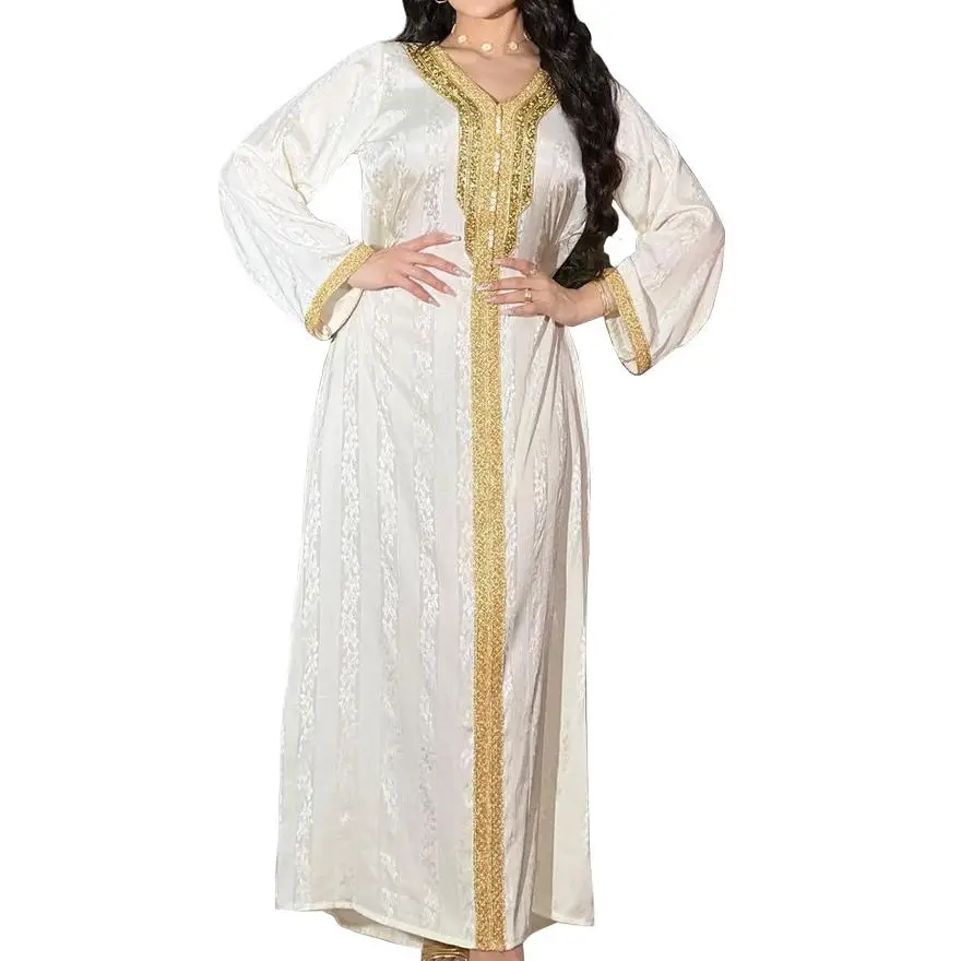 S-XXL Middle East New Women's Hot Diamond Lace Robe Muslim Satin Jacquard Dress V-neck Long Sleeved Robe