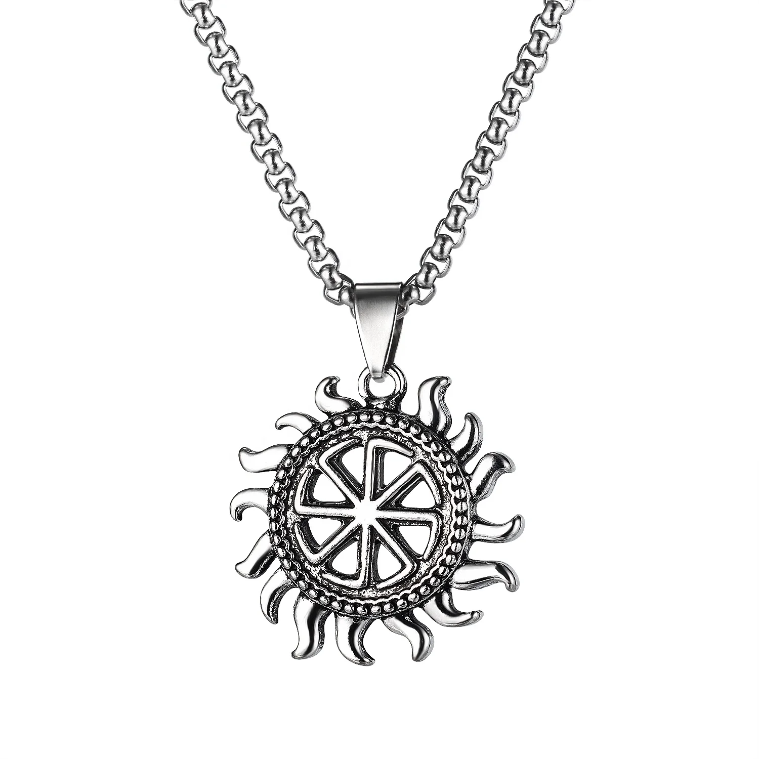 

All-match hollow-out alloy Slavic vintage retro men's street hip hop sun pendant stainless steel jewelry necklace