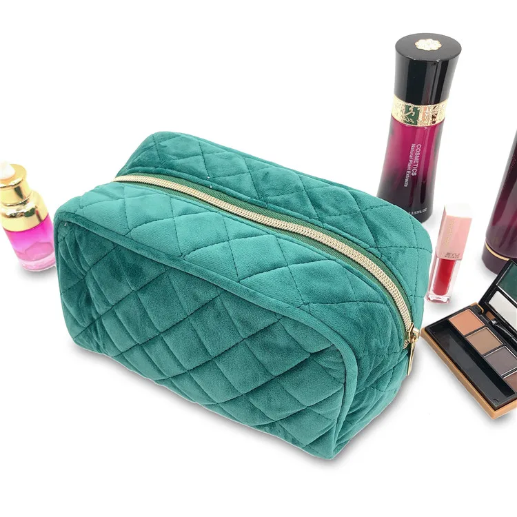 

Luxury Bulk Zipper Quilted Velvet Travel Cosmetic Bag Logo Checkered Ladies Professional Private Label Custom Digital Makeup Bag