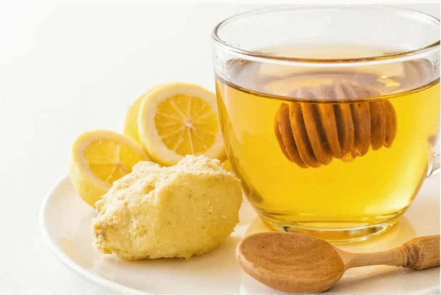 Three mugs of ginger honey tea variations with different ingredients labeled for specific health purposes