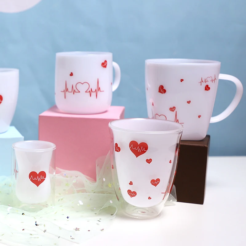 

Color Heat Insulation Milk glass couple cup love girl heart glass cup big glass mugs reuseable coffee cup, Jade white