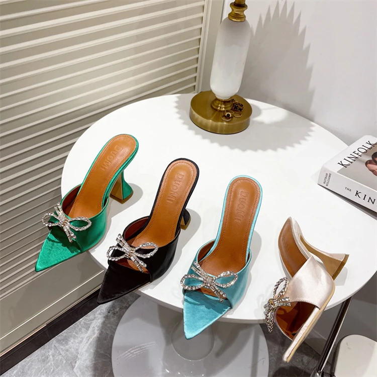 

2022 New Bow Diamond Fish Mouth Open Toe High Heels Wine Glass Middle Heeled Sandals Slippers