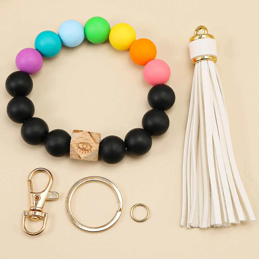 

Rainbow Colorful Silicone Eye Wooden Beaded Circle Bracelet KeyChains For Women Tassel Keychain Fashion Jewelry Accessories, Picture