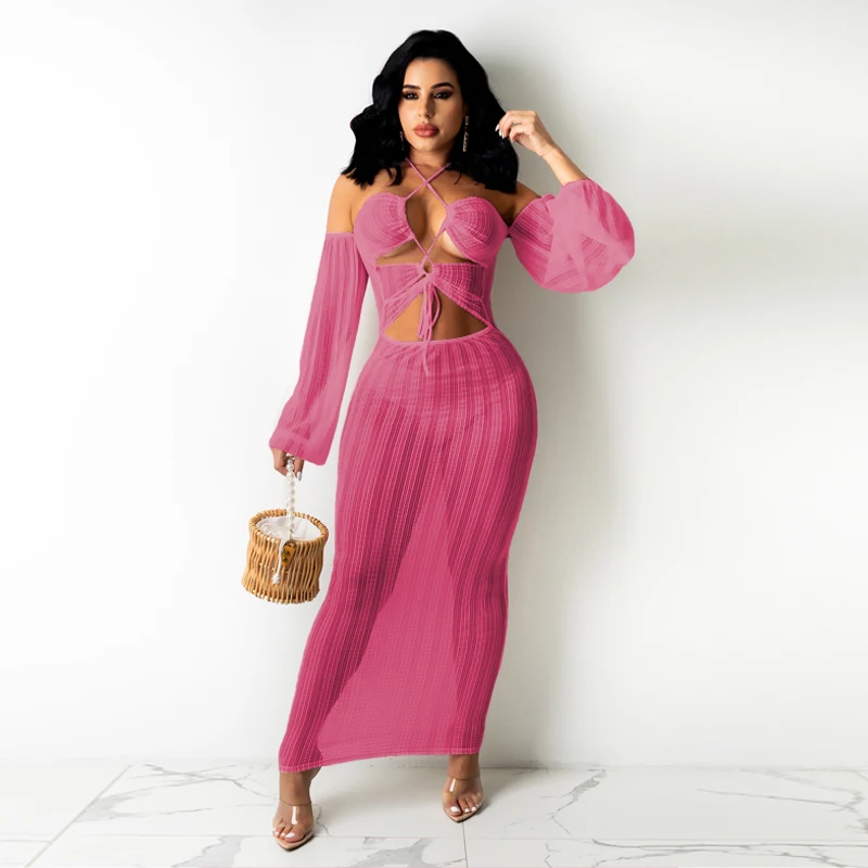 

Sexy Women Mesh See Though Halter Neck Lace Up Off Shoulder Bodycon Long Sleeve Night Party Maxi Dress