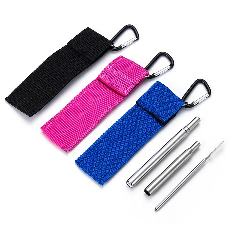 

Pouch Packaging Reusable Metal Straw Telescopic Drinking Straw Sets with Carabiner