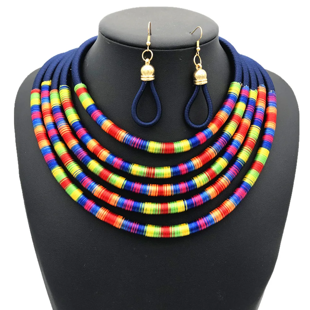 

Hot selling African multi layer cords jewelry set fashion choker necklace earrings set Choker necklaces set XD1908022