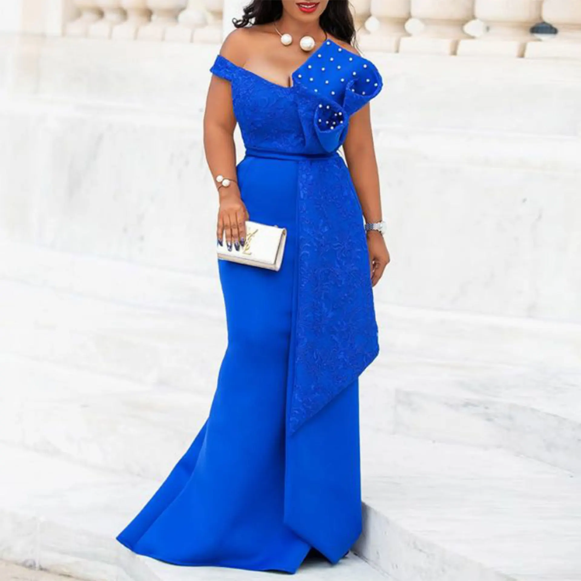 

double ruffles design maxi evening dresses Off Shoulder Plus Party Dress 91228A3