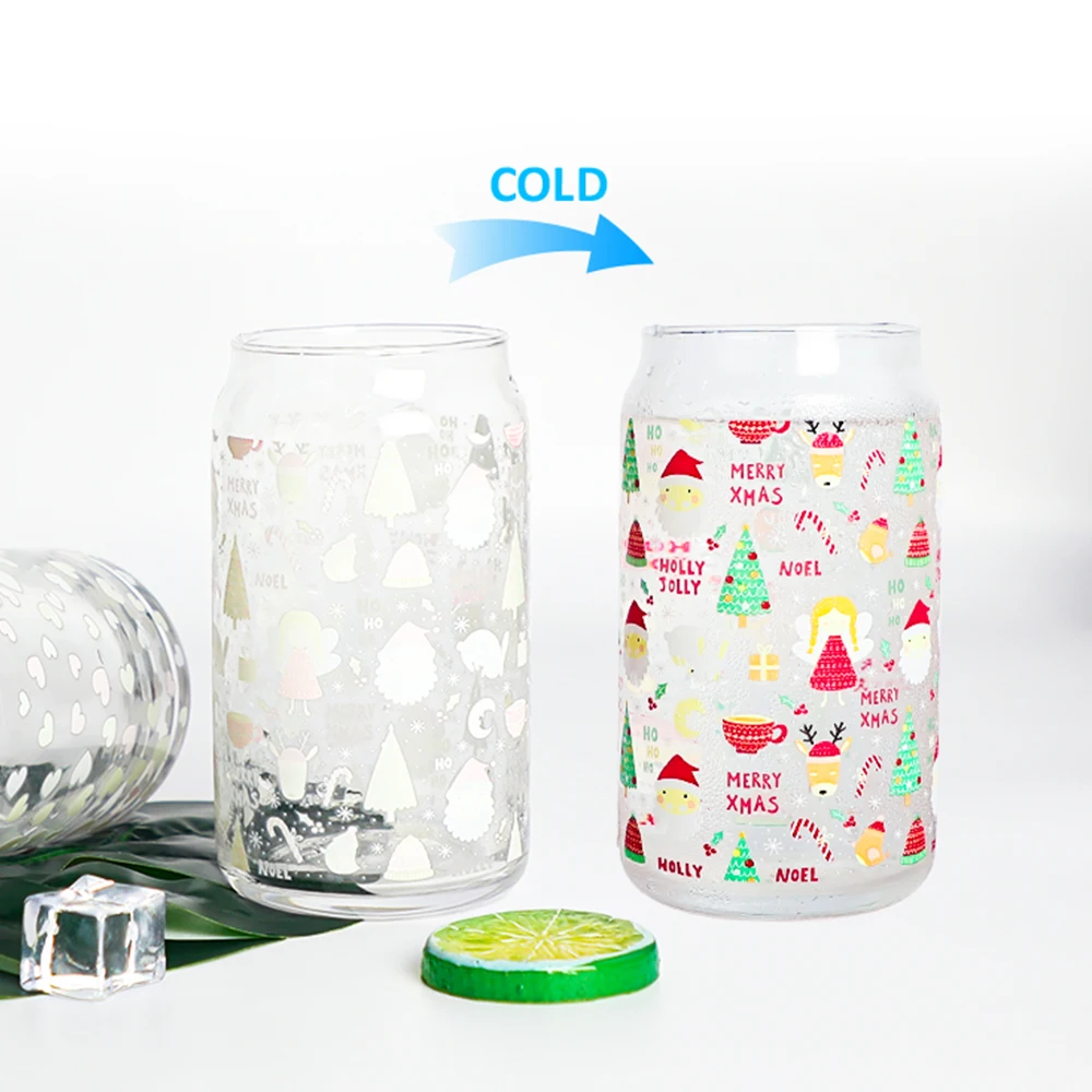 

OEM Custom Printed Coffee Juice Glass Mug Color Beer Soda Can Shape Glass Cup, Transparent clear