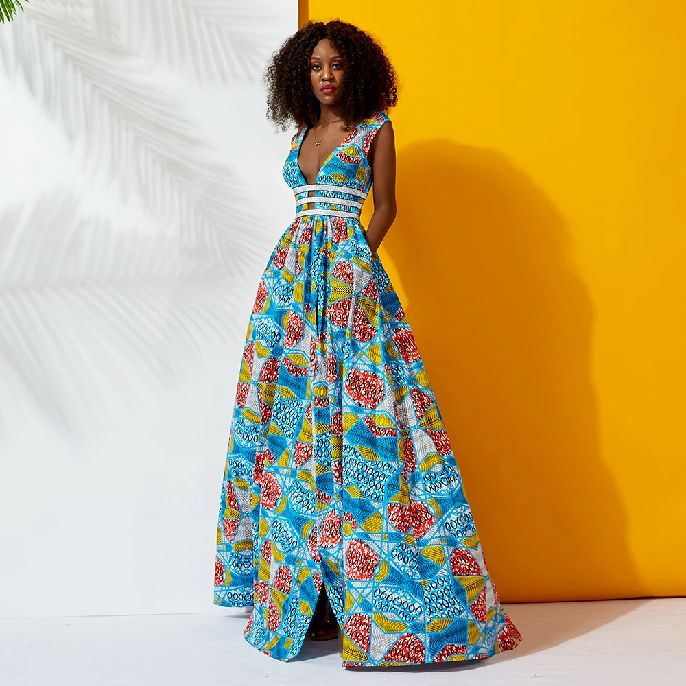 

2021 New fashion african women dress high-waisted dept v-neck slip long dress casual women for dinner party, Customized color