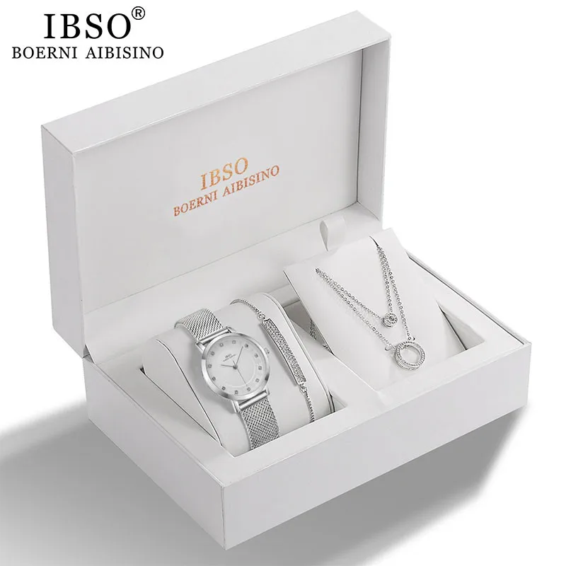 

IBSO Brand Women's Quartz Watches Set Female Charm Luxury Women Watch Ladies Silver Crystal Necklace Bracelets Jewelry Set Gift, 6 colors