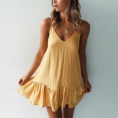 

Spaghetti Strap Dresses Off Shoulder Women Summer Dress White Shift Dress Ruffle Sexy Sundress Mini Cotton Linen Vestidos