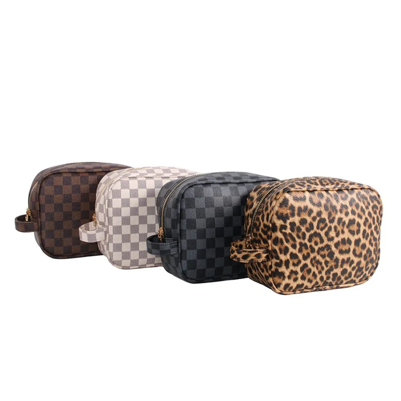 

Wholesale Big Portability Grid Bag Checked Makeup Bag Makeup Handbag Cosmetic Pouch Bag, Black/coffee/beige/leopard