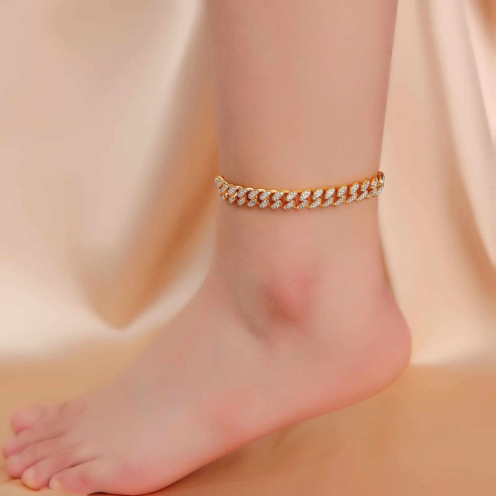 

Summer Rose Gold Plated Icy Cuban Anklets Cubic Zircon Diamond Foot Hip Hop Jewelry Miami Iced Out Bracelet Anklet For Women