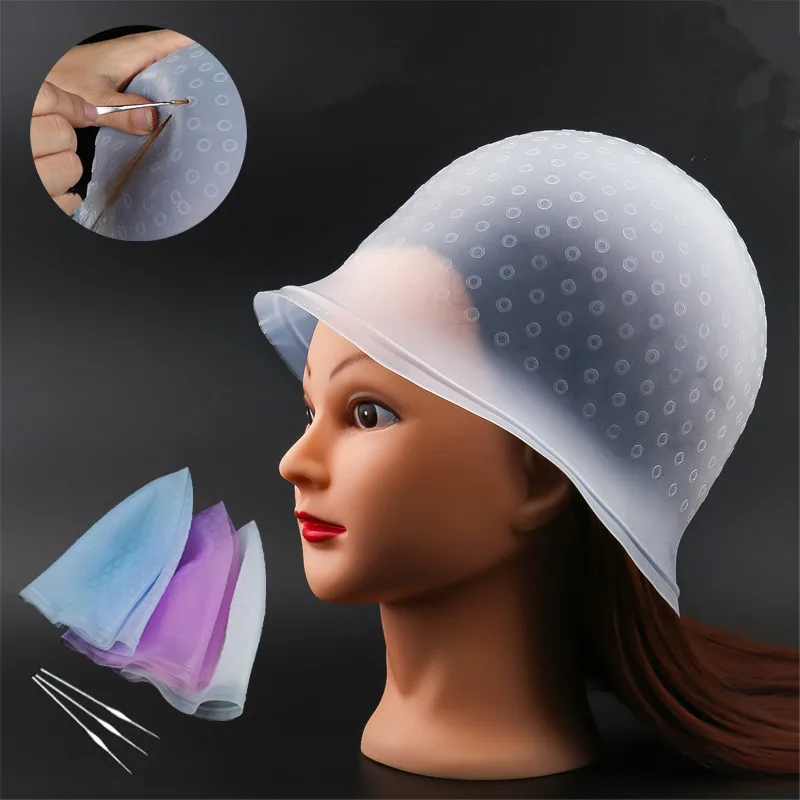 

Reusable Silicone Hair Coloring Highlighting Cap Hair Dye Dyeing Cap With Metal Hook, Silicone Cap For Highlighting Hair, Blue, white, purple