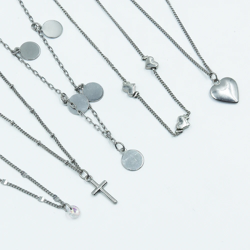 

High Quality Cool Jewelry Daily Wear 5PC/Set Alloy Silver Love Heart Cross Chains Women Girls Necklace Set
