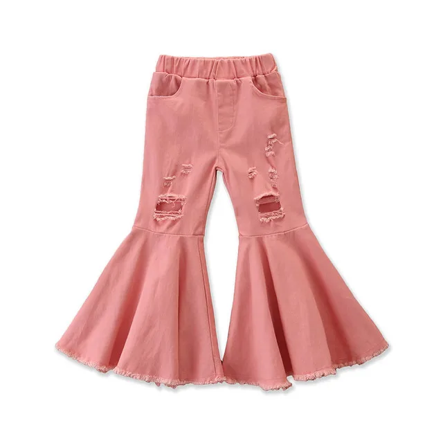 

2020 New design Baby girl children flared trousers ripped jeans fashionable pants leggings for girls cotton bell-bottom, As picture