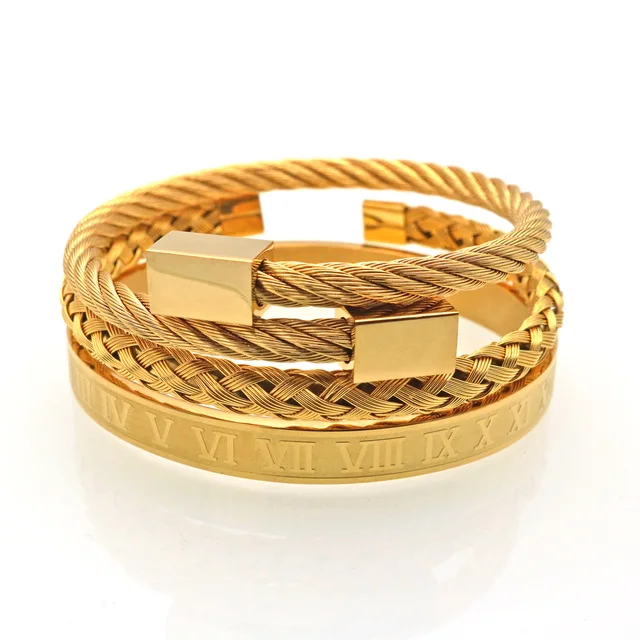 

Gold Plated Luxury Bracelet set Fashion Roman Numeral Bangle + Golden Braided Open Ring + Gilt Bracelet Men Women Jewelry, Gold , black , silver ,rose gold