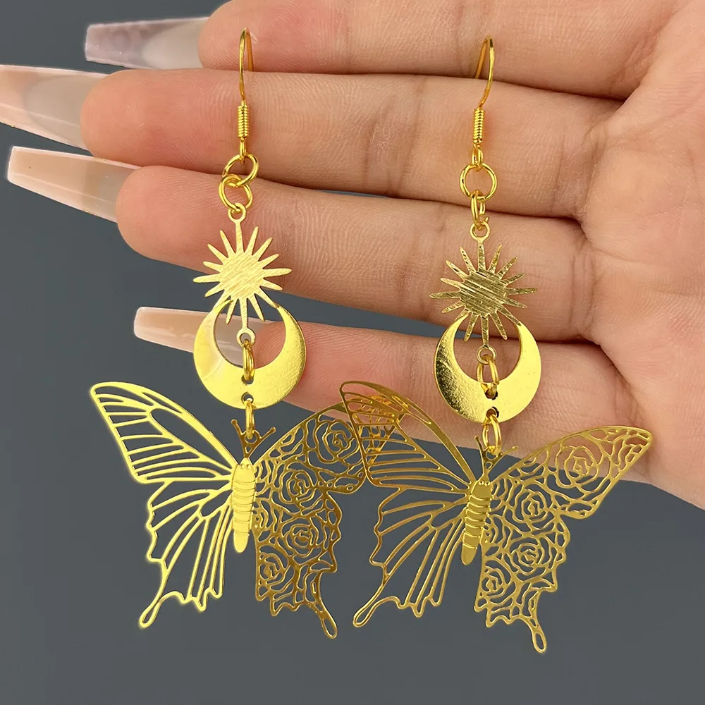 

European and American popular hollowed-out mushroom flower butterfly tassel pendant earrings simple moon earrings jewelry