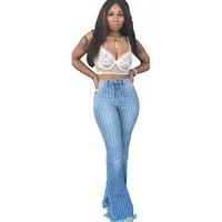

New Design Hot Sale Washed Stripe Flared Leg Pants Women High Waist Jeans