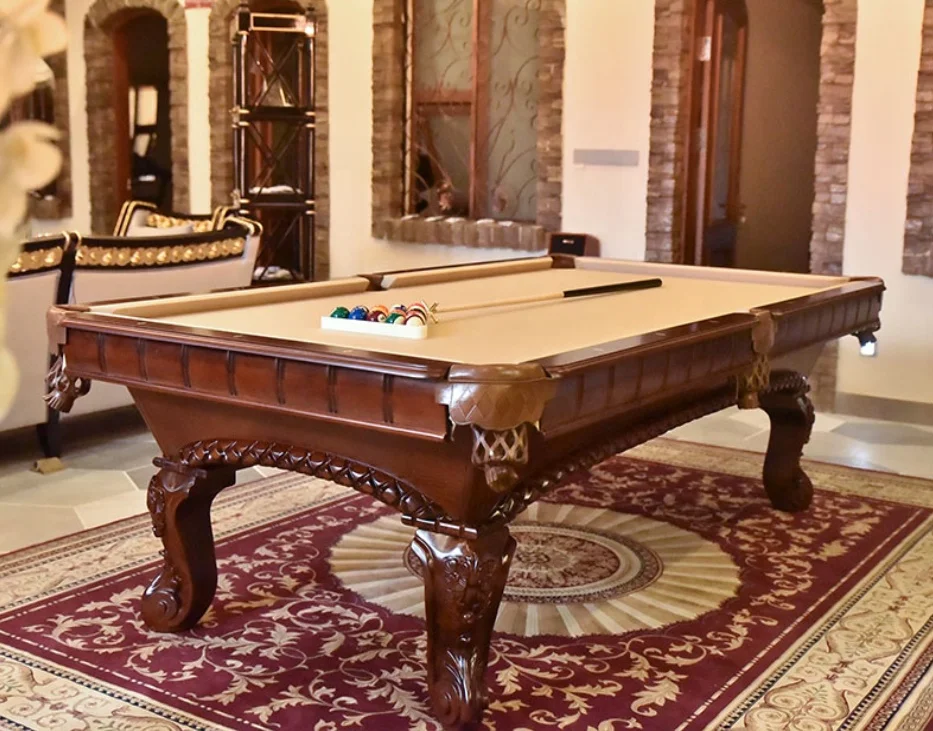 

Wholesale modern style 7ft/8ft/9ft solid wood and black slates carved billiard pool table with the dining top