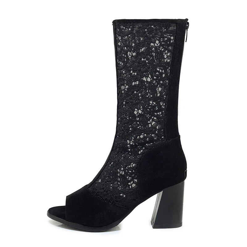 

Fall Autumn Open Toe Mid Calf Sandal Shoes Women Cool Mesh Boots, Black